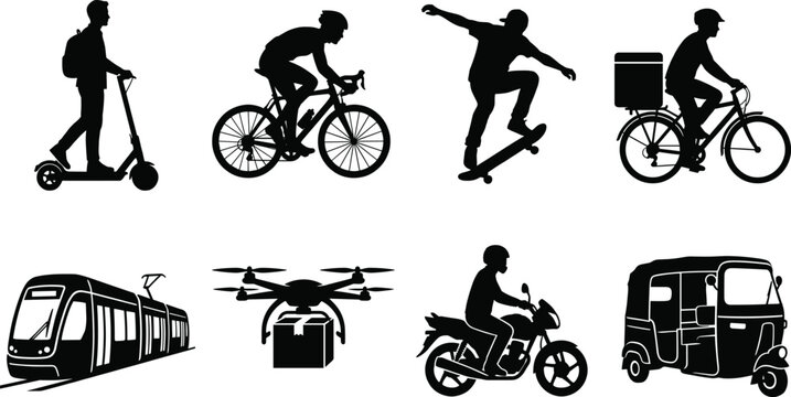 Urban transportation and eco friendly delivery methods silhouette icons set featuring electric scooter bicycle skateboard tram and drone