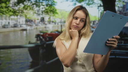 Fototapeta premium Woman holding clipboard and reading it with hand on neck beside canal railing on amsterdam street; contemplation.