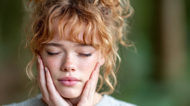 A young woman with curly red hair gently holds her face as she reflects deeply, conveying a sense of contemplation and connection with her inner emotions in a serene setting.