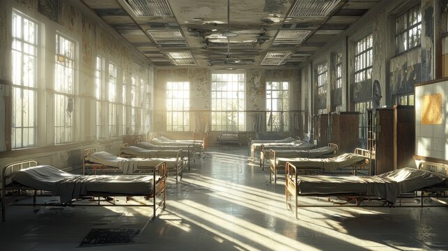 Empty hospital ward filled with sunlight