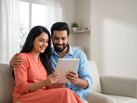indian couple using digital tablet for online banking financial planning and modern lifestyle concept