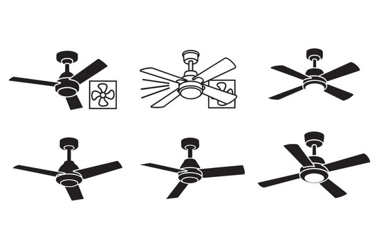  Six black ceiling fan icons isolated on transparent background representing various cooling appliance designs for interior home cooling systems electric fans and ventilation equipment.