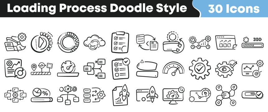 Hand drawn doodle style loading process icons for web design