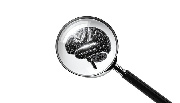 A magnifying glass hovering above a glowing brain with sharp geometric lines, symbolizing concentration and focus, isolated on transparent background.