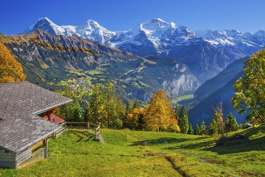 Autumn landscape in the hamlet of Sulwald with views of Wengen and Eiger 3967m, M&ouml;nch 4110m, Jungfrau 4158m and into Lauterbrunnen Valley, Isenfluh, Lauterbrunnental, Bernese Oberland, Canton of Bern, Switzerland