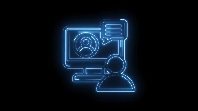 Glowing blue neon outline of a computer screen displaying a user profile icon and a speech bubble