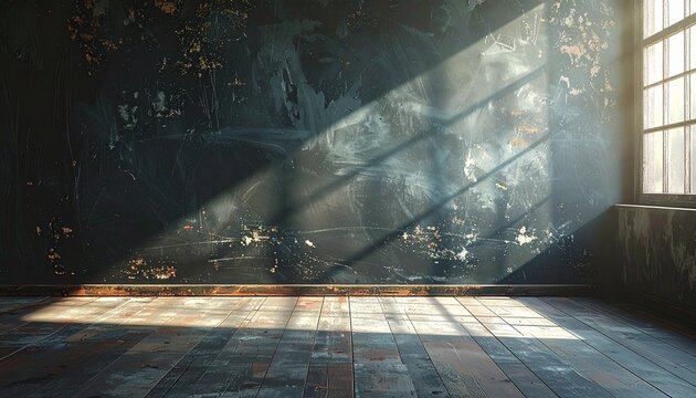 Sunlight Through Window on Weathered Green Interior Wall