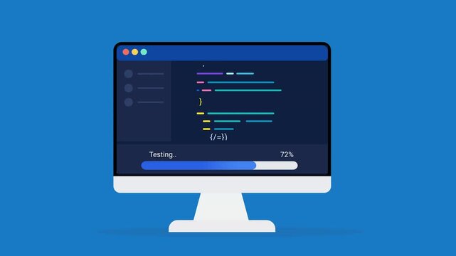 Animated flat vector illustration of a desktop monitor displaying source code, testing status, and progress tracking. Modern software quality assurance and programming workflow concept.