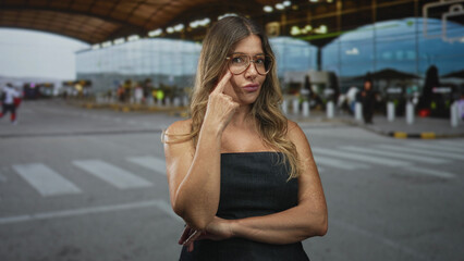 Fototapeta premium Woman points finger to glasses at airport terminal curbside, strapless dress and crossed arms showing pensive gesture; thoughtful.