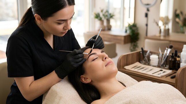 Beautician shaping eyebrows of client in beauty salon