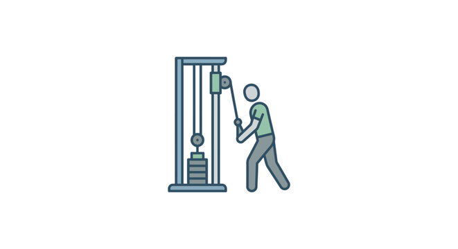 A stylized illustration of a person performing a cable tricep pushdown exercise at a gym machine.