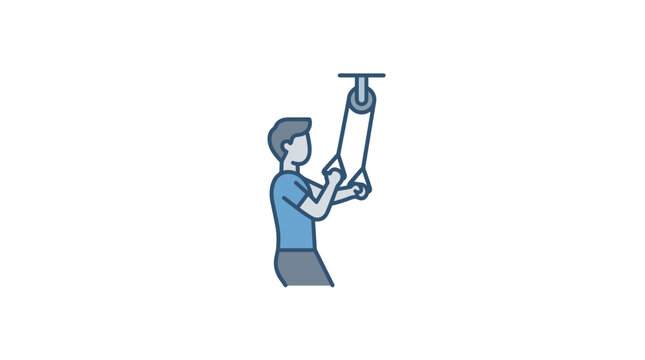A stylized illustration of a person performing a cable tricep pushdown exercise at the gym.