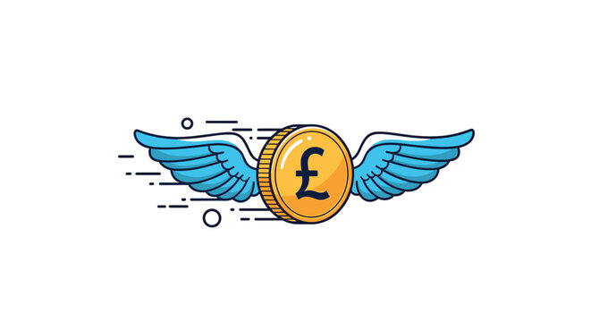 Golden pound sterling coin with bright blue wings flies across the frame, suggesting fast money transfers and banking.