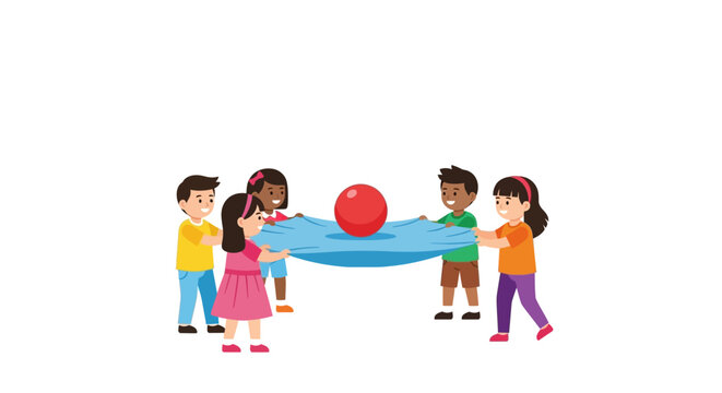 Diverse Kids Playing Together with Ball on Parachute
