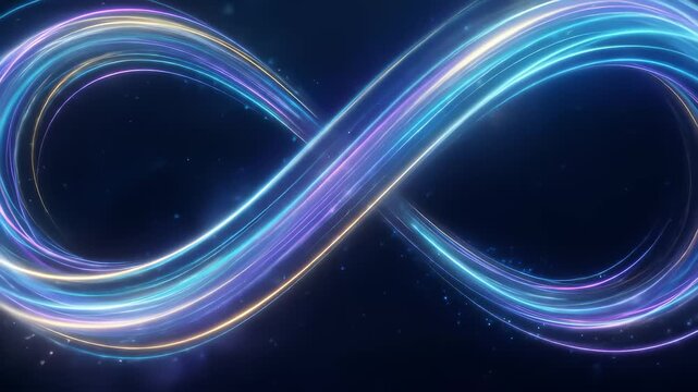 Glowing neon infinity symbol with flowing blue and gold light trails and particles on dark background