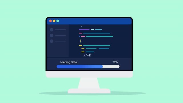 Animated flat vector illustration of a desktop monitor displaying source code, loading status, and build progress tracking. Modern software development and programming workflow concept.