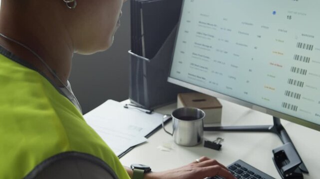 Tilt shot of young female warehouse worker typing on computer keyboard and managing inventory database on monitor. Clip is ideal for logistics software promos and supply chain management videos