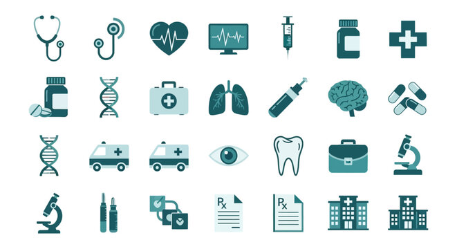 Medical Icons Collection Teal Flat Vector Illustration