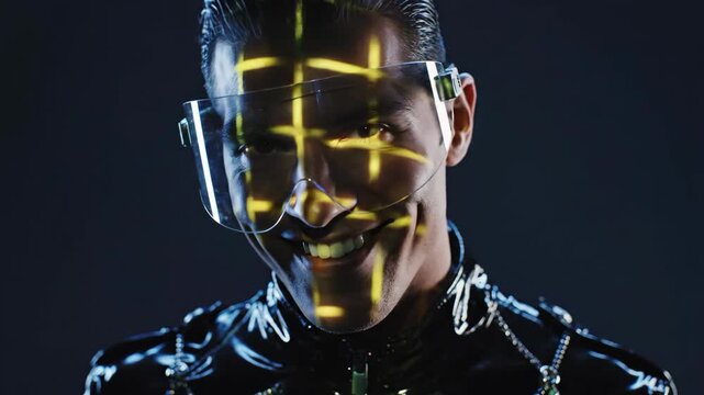 Cyberpunk Man Wearing Futuristic Visor Glasses with Neon Grid Patterns Projected on Smiling Face