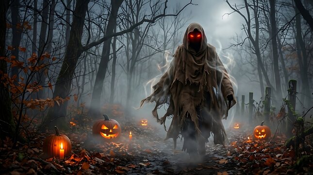 Scary hooded figure with glowing red eyes in a dark forest illustration