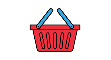 Fototapeta premium Icon of a red plastic shopping basket with blue handles isolated on a white background for retail and commerce.