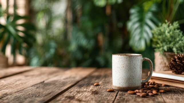 A serene image of a steaming coffee mug placed on a rustic wooden table, surrounded by greenery, capturing a moment of warmth, comfort, and connection to nature.
