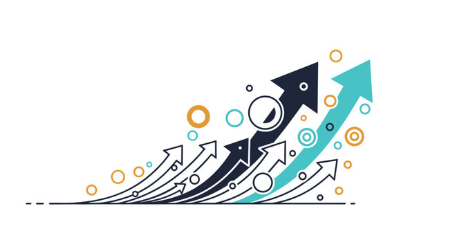 Dynamic group of rising arrows in various colors and designs representing exponential business growth and success.