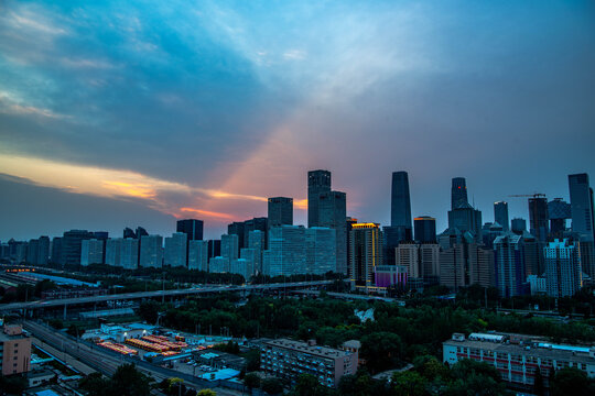 Sunset and blue hour over the Beijing Central Business District skyline featuring the China Zun skyscraper in Beijing, China.