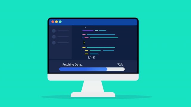 Animated flat vector illustration of a desktop monitor displaying source code, data fetching status, and progress tracking. Modern software development and programming workflow concept.