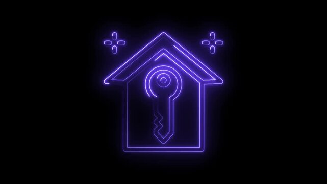 Neon house icon with key inside glowing purple on black background abstract symbol of home