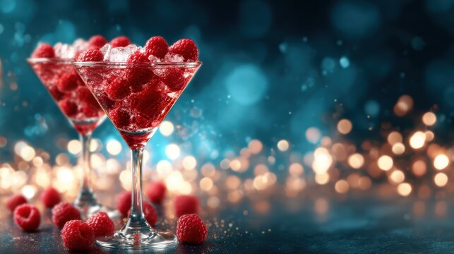 Two martini glasses filled with vibrant red raspberries on ice, surrounded by a sparkling bokeh background, creating an eye-catching and refreshing beverage display.