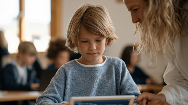 Fourth-grade boy in a coding club session leans forward studying a tablet screen showing a debugging error in his animation project as his teacher points to a specific code block