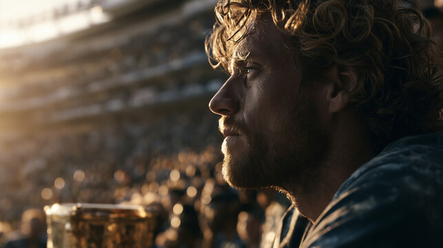Football Player Staring At Championship Trophy After Defeat