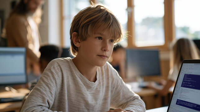 Fourth-grade boy in a coding club session leans forward studying a tablet screen showing a debugging error in his animation project as his teacher points to a specific code block