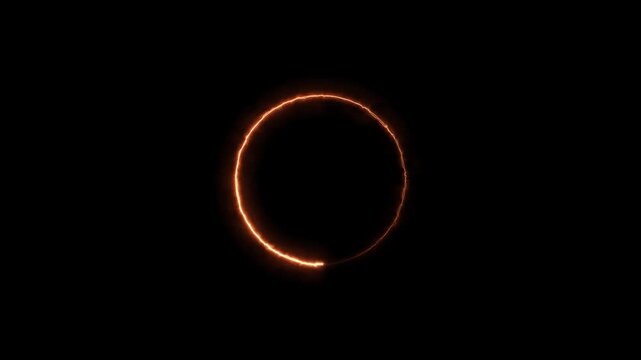 Abstract glowing fire ring animation with fast energy motion loop on deep black background.