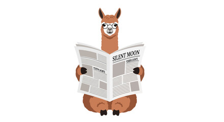Fototapeta premium Cute Brown Alpaca Wearing Glasses Reading Newspaper