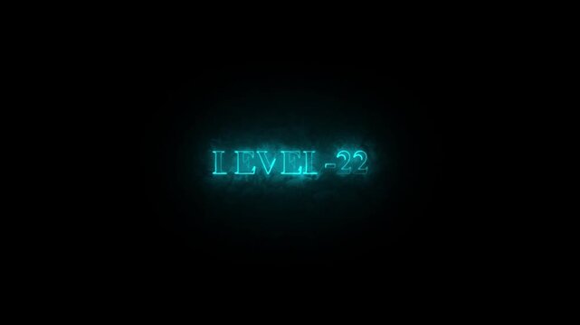 Bright blue neon light text level -22 with smoke effect on black background.
