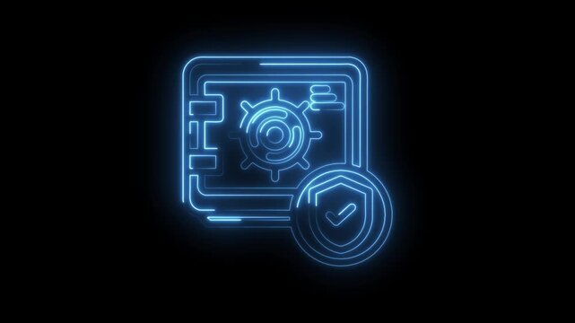 Glowing blue neon safe icon with shield and checkmark symbolizing security data protection