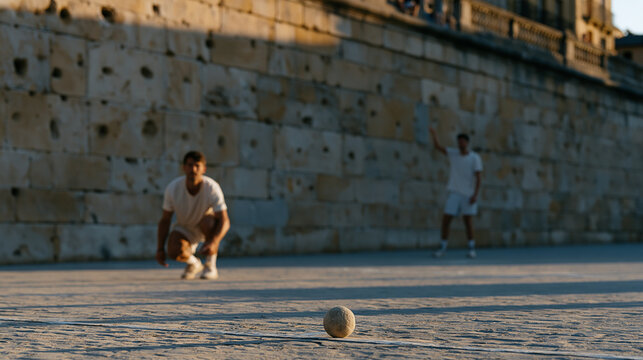Basque pelota doubles match on an outdoor fronton at golden hour, one player crouched at the serving line while his partner calls the angle from the back, the old stone wall