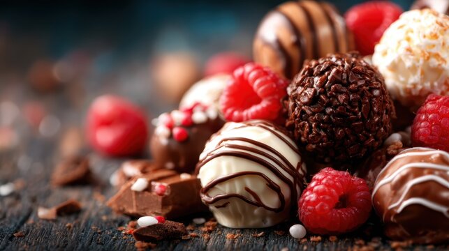 A tempting arrangement of assorted chocolate truffles displayed with fresh raspberries, highlighting the delicious blend of flavors that evoke indulgence and delight in every bite.