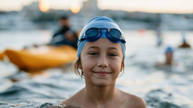 Child swimming in an open water marathon alongside adult competitors in a junior category event, a kayak escort keeping pace, the swimmer's goggled face lifted for breath with a