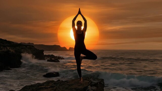 Woman in yoga tree pose silhouette on coastal rocks at sunset with ocean waves