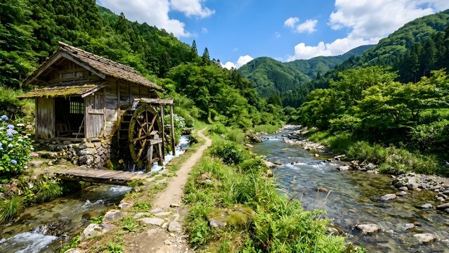 A bright summer afternoon by a clear Japanese mountain stream, featuring a rustic wooden watermill, lush green forest, and a narrow dirt path in a peaceful rural setting.