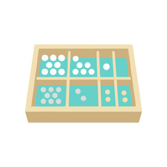 Colorful beads in wooden compartment box. © kevin