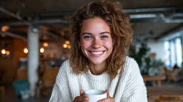 Radiant young woman with curly hair smiling while holding a cup of coffee in a cozy cafe setting, showcasing warmth, happiness, and the inviting atmosphere of shared moments over coffee.