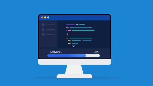 Animated flat vector illustration of a desktop monitor displaying source code, analysis status, and progress tracking. Modern software development and programming workflow concept.