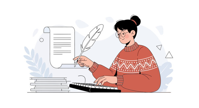 Creative Writing: Woman with Feather Quill and Keyboard Symbolizing Art of Storytelling and Modern Literature