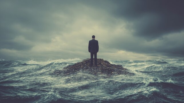Failure crisis concept lost business career education opportunity lonely man on cliff island facing ocean storm waves risk struggle isolation uncertainty life choices professional path