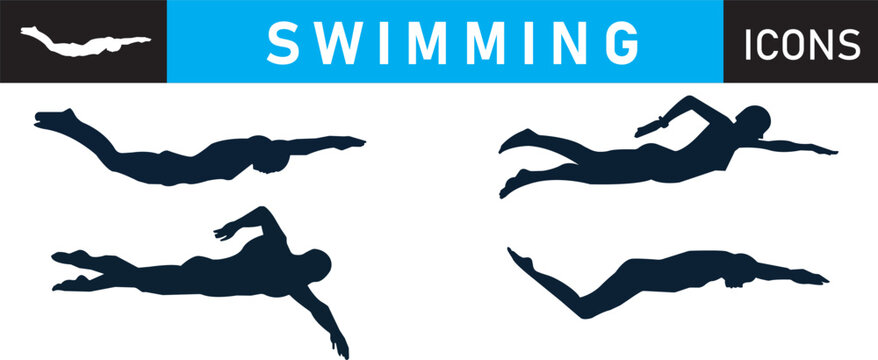 Professional Swimmer Silhouette Icon Set. Competitive Swimming Strokes and Underwater Athlete Vector Graphics