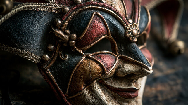 upturned. A classic theatrical jester mask with a sly smile, dramatic lighting. event programs, museum guides, designed for cultural heritage projects and event programs, elevates cultural identity.